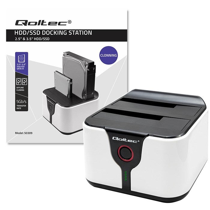 Qoltec 50309 HDD SSD 2.5" 3.5" docking station | SATA III | USB 3.0 | Super speed 5Gb/s | with Clonning function