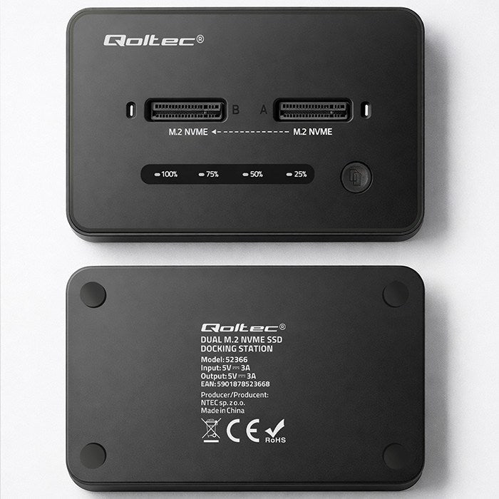 Qoltec 52366 M.2 NVMe SSD Docking Station | PCIe | USB-C | 20 Gb/s | DUAL 2 x 8TB | Offline cloning