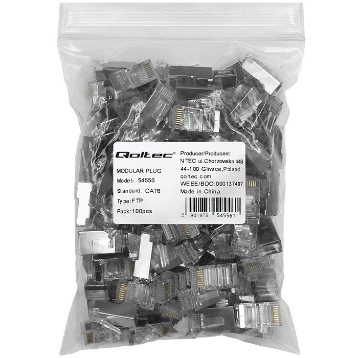 Qoltec 54556 RJ45 modular connector | CAT6 | FTP |Gold-plated contacts | 100 pieces