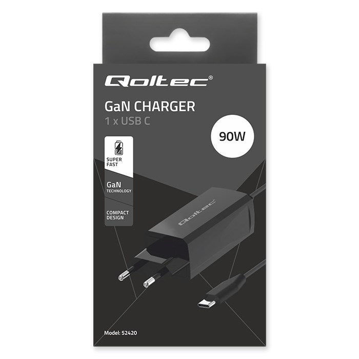 Qoltec 52420 90W GaN Super Fast Charger| 5-20V | 3-4.5A | USB-C 3.1