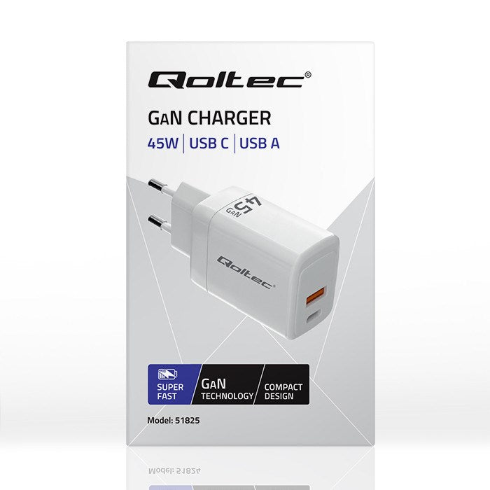 Qoltec 51825 GaN 45W charger| 5-20V | 1.5-3A | 1 x USB-C PD | 1x USB QC 3.0 | White
