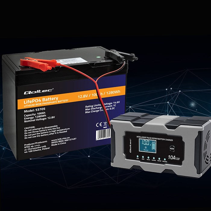 Qoltec 52493 Charger 12V 10A | Rectifier with repair function for AGM GEL LiFePO4 battery | LCD