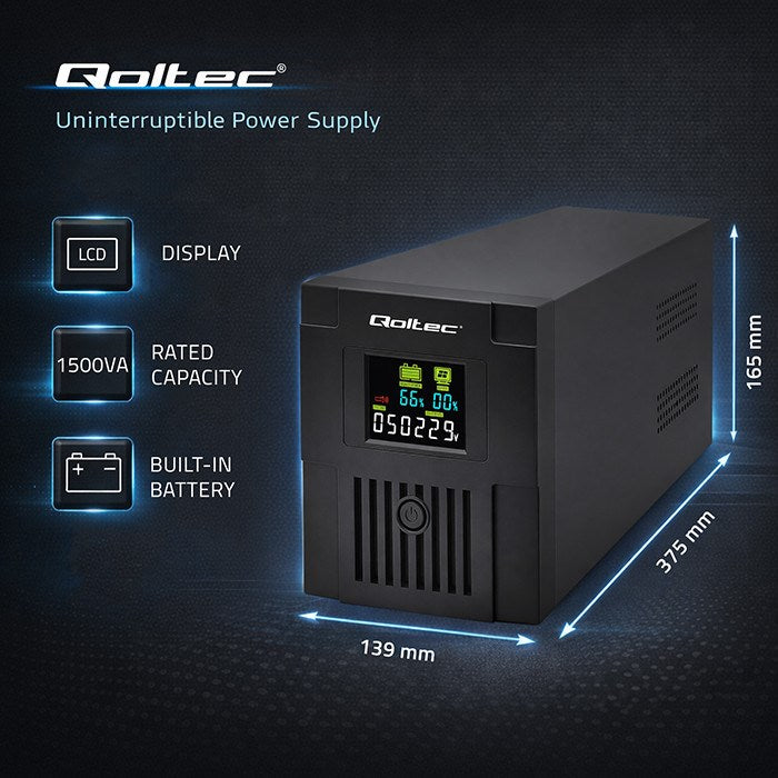 Qoltec 53770 uninterruptible power supply (UPS) Line-Interactive 1.5 kVA 900 W 2 AC outlet(s)