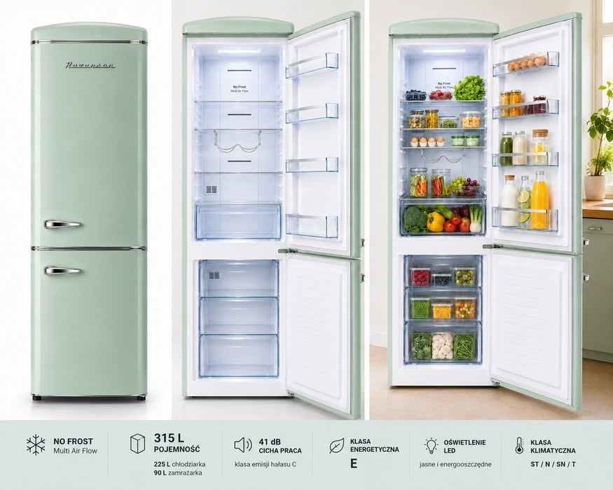 Ravanson LKK-315RM Retro Fridge 597 mm x 707 mm x 1943 mm | 315 l | Total No Frost | Energy Class E | mint