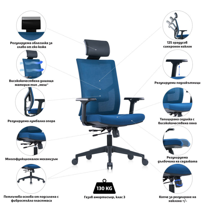 RFG Ergonomic chair Snow Black HB, dark blue seat, dark blue backrest