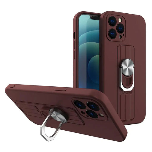 Ring Case silicone case with finger grip and stand for iPhone 13 mini brown - Cell phone cases and covers<<<HurtelXML