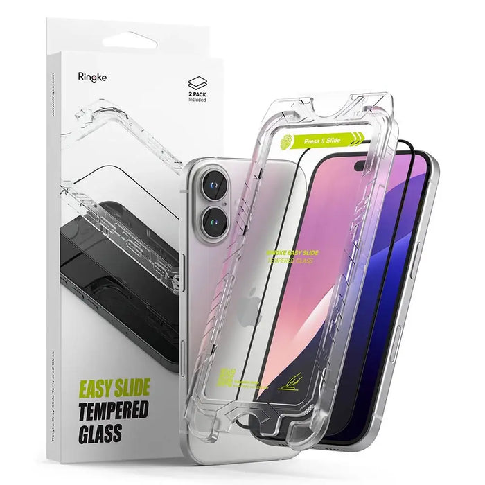 Ringke Easy Slide 2-pack tempered glass with black frame for iPhone 15 / 16 - Cell phone tempered