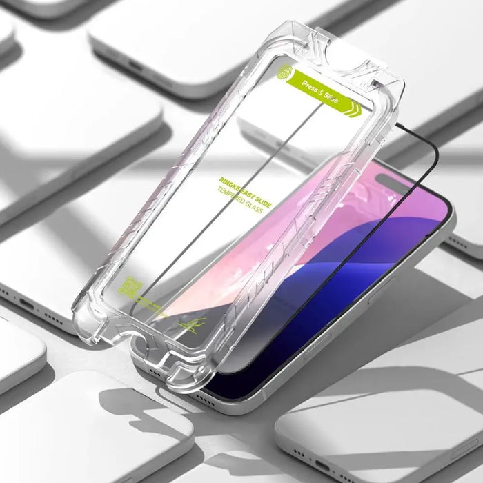 Ringke Easy Slide 2-pack tempered glass with black frame for iPhone 15 / 16 - Cell phone tempered