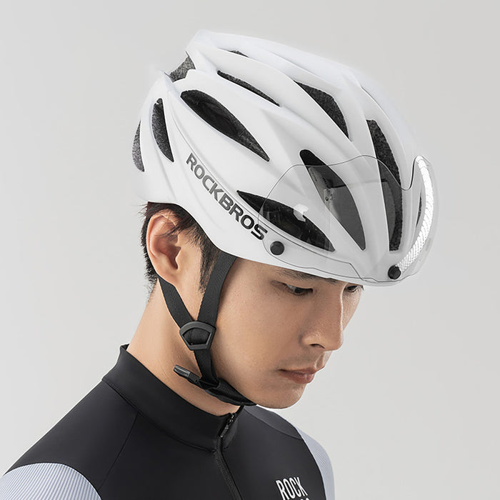 Rockbros Bike Helmet with Visor, Detachable UV Goggles, Unisex, Glossy - White