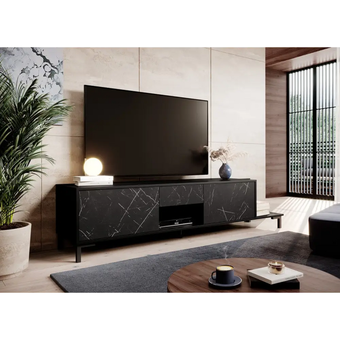 RTV cabinet MARMO 2D1S1K 195x40x47.5 cm black matt/marble black - TV cabinets made of furniture boardSTV-ZPM<<<TV