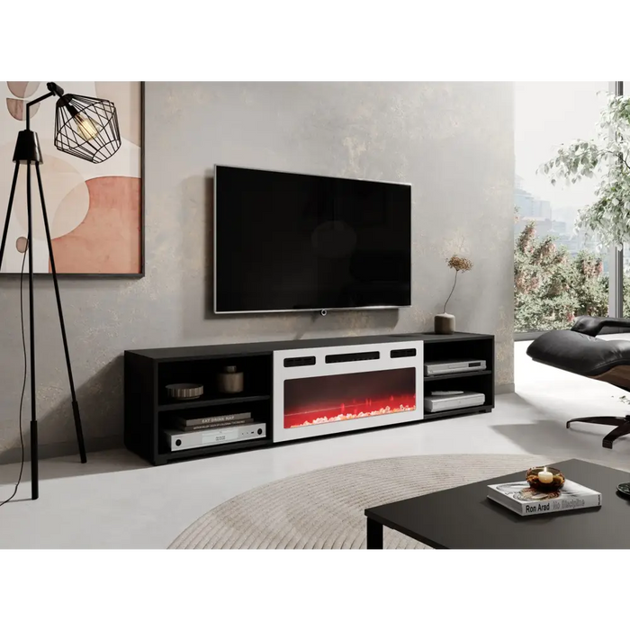 RTV cabinet POLO 180x33x39 black + fireplace white - TV cabinets made of furniture boardSTV-ZPM<<<TV