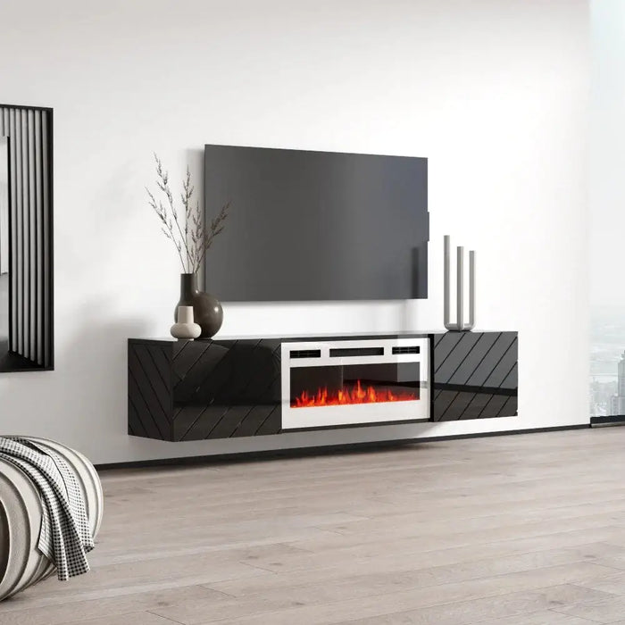 RTV LUXE cabinet 182.6x34.5x37.5 black/black gloss + white fireplace - TV cabinets made of furniture boardSTV-ZPM<<<TV