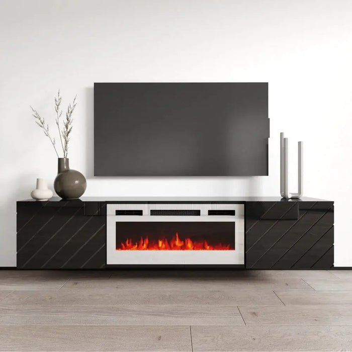 RTV LUXE cabinet 182.6x34.5x37.5 black/black gloss + white fireplace - TV cabinets made of furniture boardSTV-ZPM<<<TV