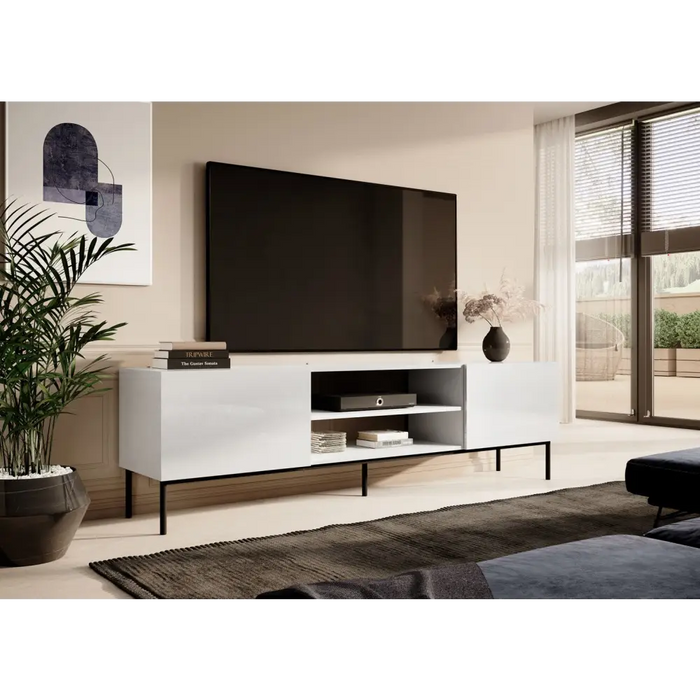 RTV SLIDE 200K cabinet on a black steel frame 200x40x57 cm all in gloss white - TV cabinets made of furniture