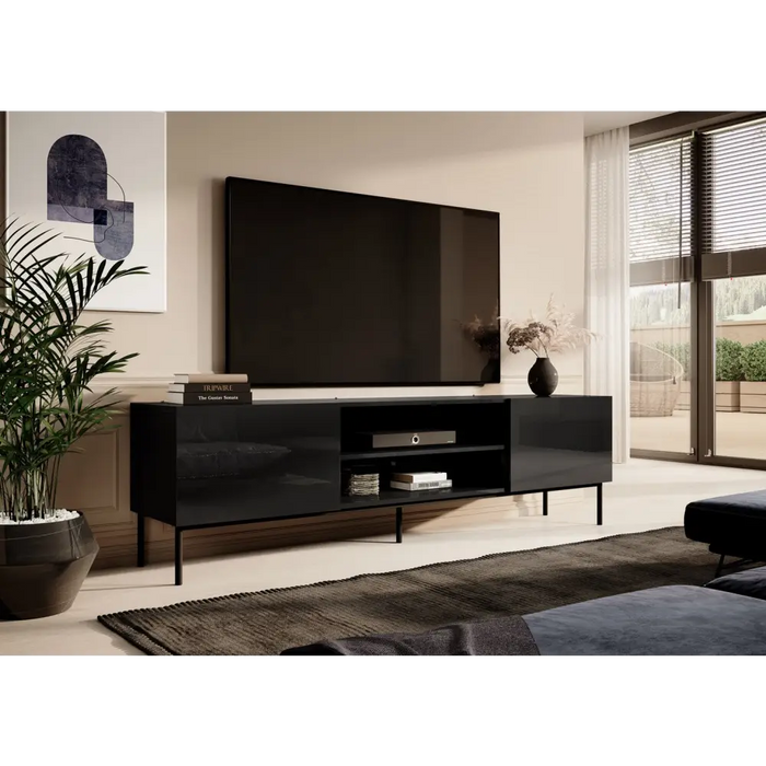 RTV SLIDE 200K cabinet on black steel frame 200x40x57 cm all in gloss black - TV cabinets made of furniture