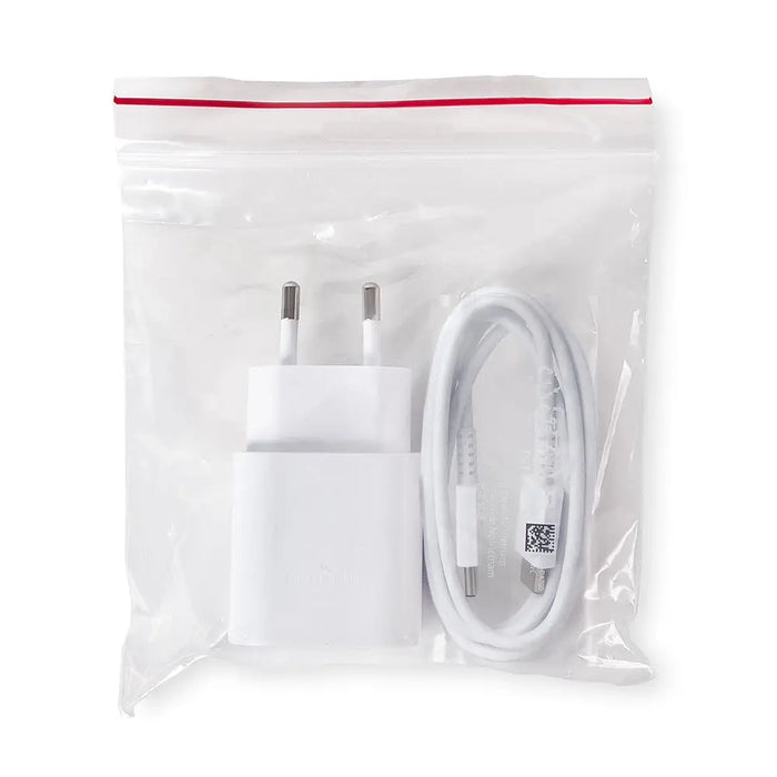 Samsung 25W EP-TA800EWE USB-C wall charger with Samsung EP-DA705BWE USB-C / USB-C cable replacement packaging - white