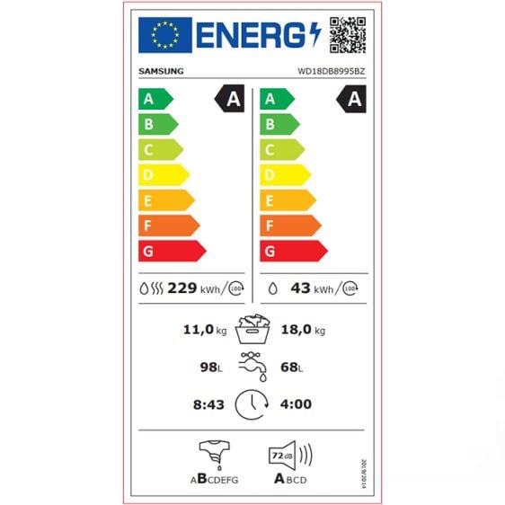 Washing machine with dryer SAMSUNG WD18DB8995BZT2, 18/11 kg, All in One Combo, Wi-Fi, class A, 1000 rpm