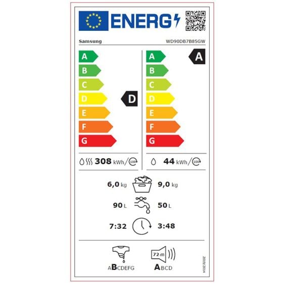 Washer dryer SAMSUNG WD90DB7B85GWU4 Bespoke AI Combo - SmartThings AI Energy, 9/6 kg, 1400 rpm, White