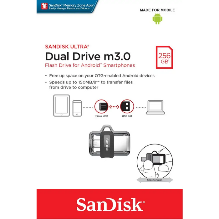 SanDisk Ultra Dual m3.0 USB flash drive 256 GB USB Type-A / Micro-USB 3.2 Gen 1 (3.1 Gen 1) Black Silver Transparent