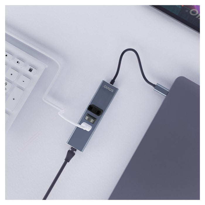 Savio AK-57 USB-C - 3 x USB-A HUB with RJ-45 Gigabit Ethernet adapter, 5000 Mbit/s, grey