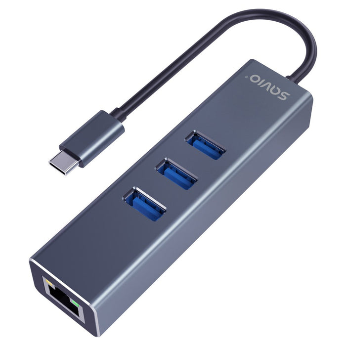 Savio AK-57 USB-C - 3 x USB-A HUB with RJ-45 Gigabit Ethernet adapter, 5000 Mbit/s, grey