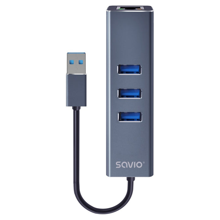Savio AK-57 USB-A - 3 x USB-A HUB with RJ-45 Gigabit Ethernet adapter 5000 Mbit/s grey USB 3.2 Gen 1 (3.1 Gen 1) Micro-B 5000 Mbit/s Black