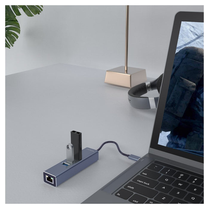 Savio AK-57 USB-A - 3 x USB-A HUB with RJ-45 Gigabit Ethernet adapter 5000 Mbit/s grey USB 3.2 Gen 1 (3.1 Gen 1) Micro-B 5000 Mbit/s Black