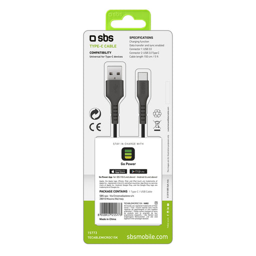 SBS TECABLEMICROC15K USB-A - USB-C Cable 1.5m - Black - Cell phone cables<<<HurtelXML&&&Аксесоари за