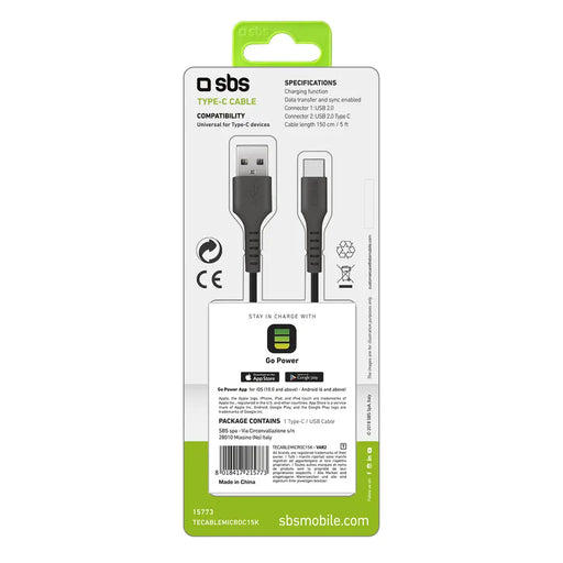 SBS TECABLEMICROC15K USB-A - USB-C Cable 1.5m - Black - Cell phone cables<<<HurtelXML&&&Аксесоари за