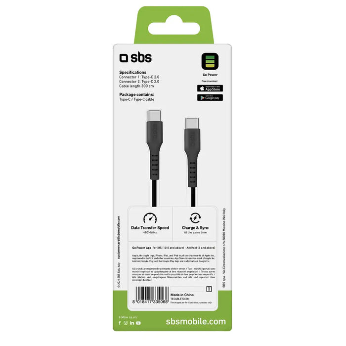 SBS TECABLETCC3M USB-C - USB-C 3m Cable - Black - Cell phone cables<<<HurtelXML
