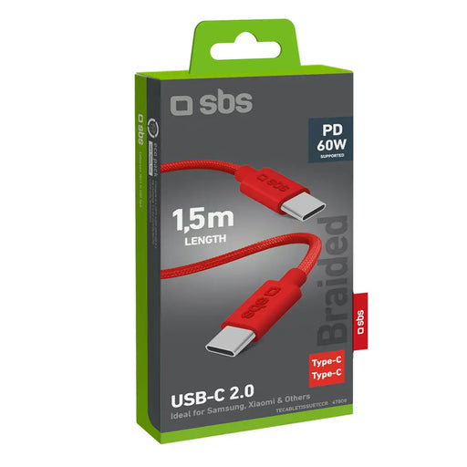 SBS TECABLETISSUETCCR USB-C - USB-C 1.5m 60W Braided Cable - Red - Cell phone cables<<<HurtelXML&&&Аксесоари за мобилни