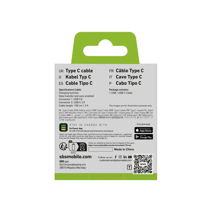 SBS TECABLETYC1KPOS USB-A - USB-C Cable 1m - Black - Cell phone cables<<<HurtelXML