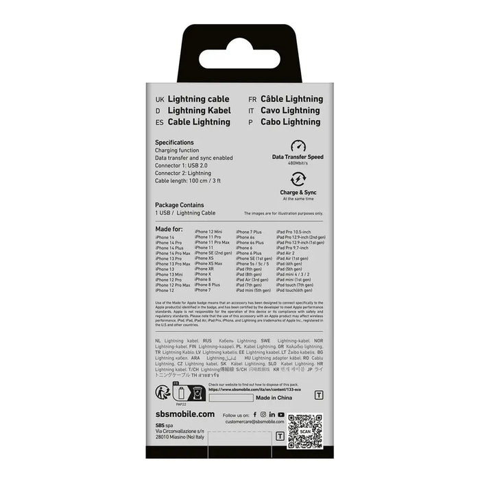 SBS TECABLEUSBIP589W USB-A - Lightning Cable - White - Cell phone cables<<<HurtelXML