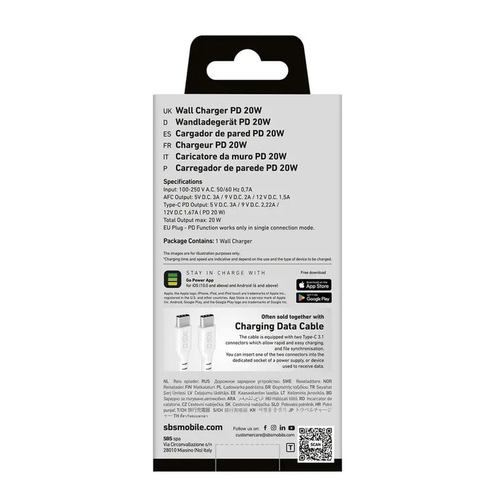 SBS TETRPD20W 20W USB-A USB-C Wall Charger with Power Delivery - White - Cell phone USB charger<<<HurtelXML