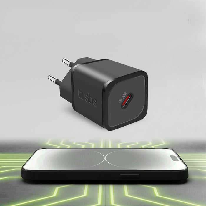 SBS TETRGAN1C20K 20W GaN USB-C Wall Charger with Power Delivery - Black