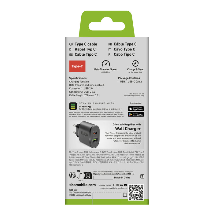 SBS TECABLETC220K USB-A - USB-C Cable 2 m - Black