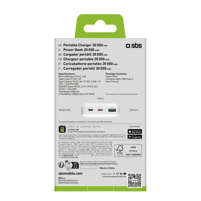Powerbank SBS TTBB20000PD20W 20000 mAh 20W Power Delivery with MicroUSB, USB-C, USB-A - white
