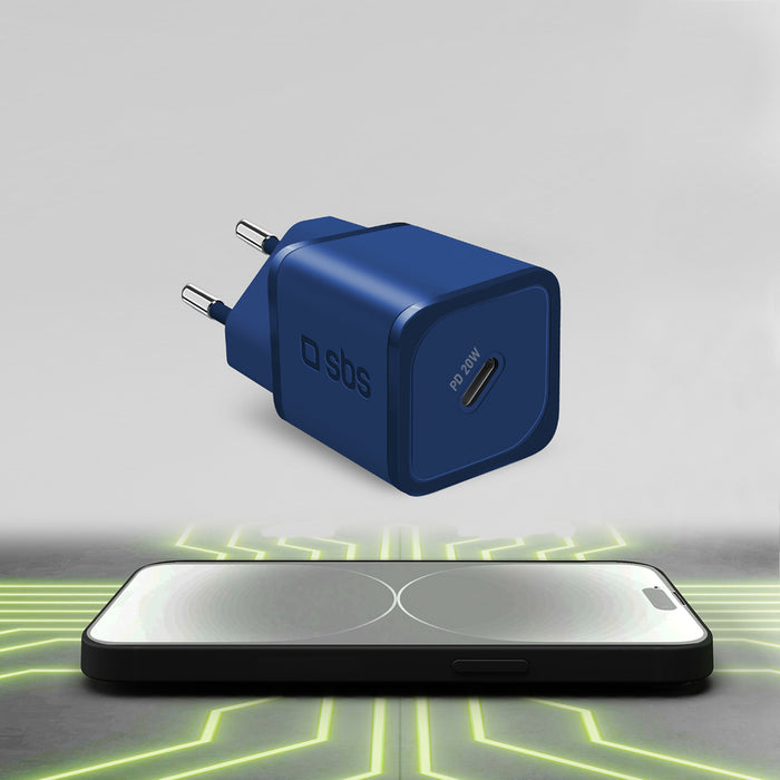 SBS TETRGAN1C20B 20W GaN Wall Charger with Power Delivery - Blue