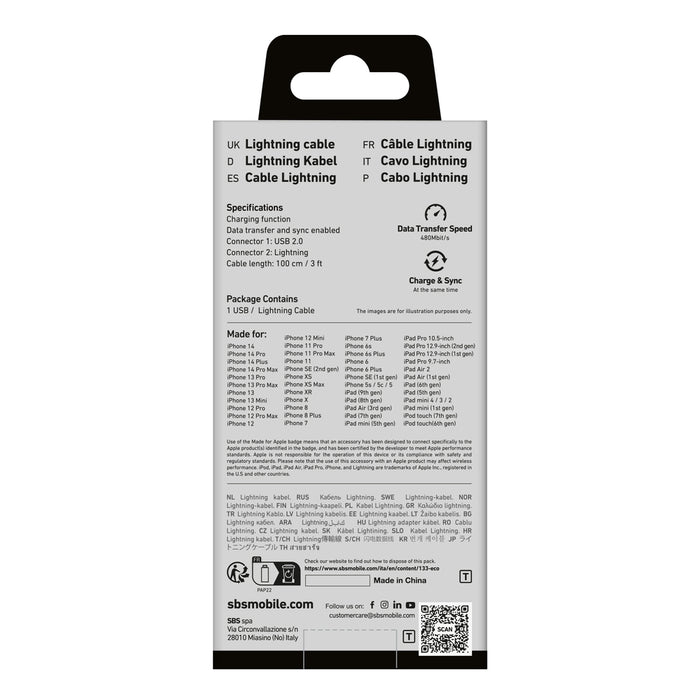 SBS TECABLEUSBIP589A USB-A - Lightning Cable - Blue