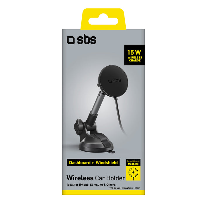 Telescopic smartphone holder with inductive charger SBS TESUPPMAG15WLONGARM with suction cup, compatible with MagSafe - black