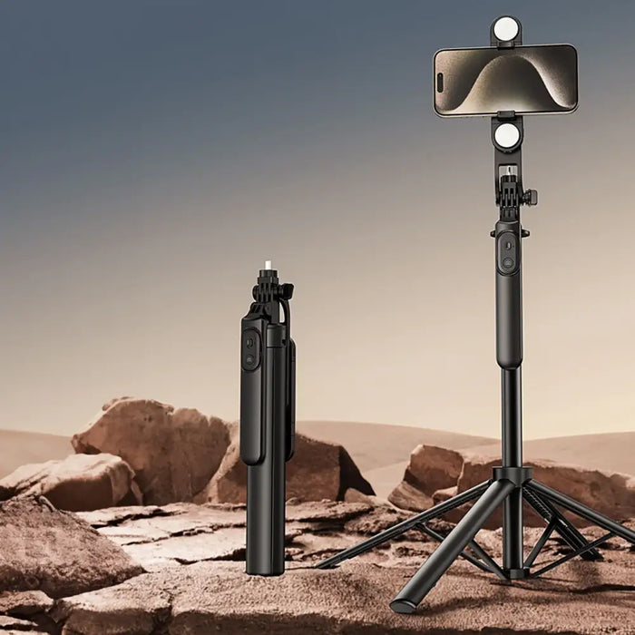 Selfie stick WH181D-Y1S 1.75m aluminum alloy telescopic tripod with dual lamp and phone holder - black - Photo