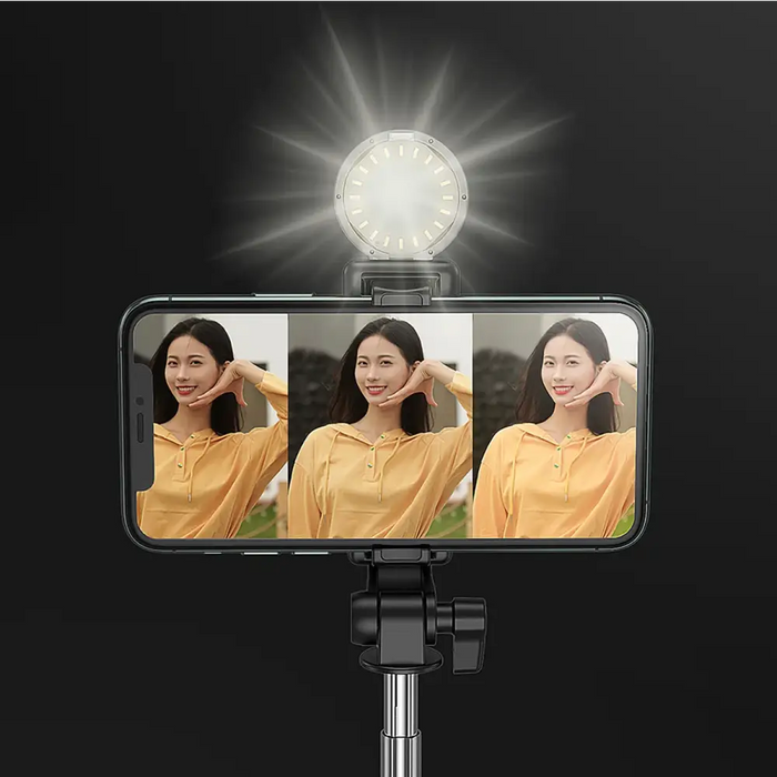 Selfie stick WH1YXS telescopic tripod 1m with round lamp and phone holder - black - Photo accessories<<<HurtelXML