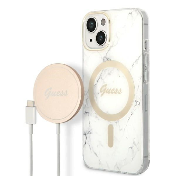 Set Guess GUBPP14MHMEACSH Case+ Charger iPhone 14 Plus 6.7’’ white/white hard case Marble MagSafe - Cell phone cases