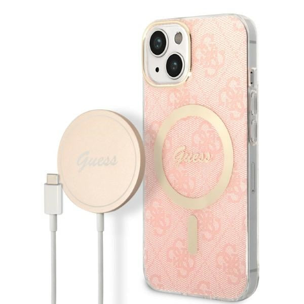 Set Guess GUBPP14SH4EACSP Case+ Charger iPhone 14 6.1’’ pink/pink hard case 4G Print MagSafe - Cell phone cases