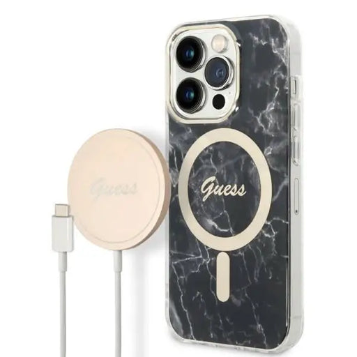 Set Guess GUBPP14XHMEACSK Case+ Charger iPhone 14 Pro Max 6.7’’ black/black hard case Marble MagSafe - Cell phone cases