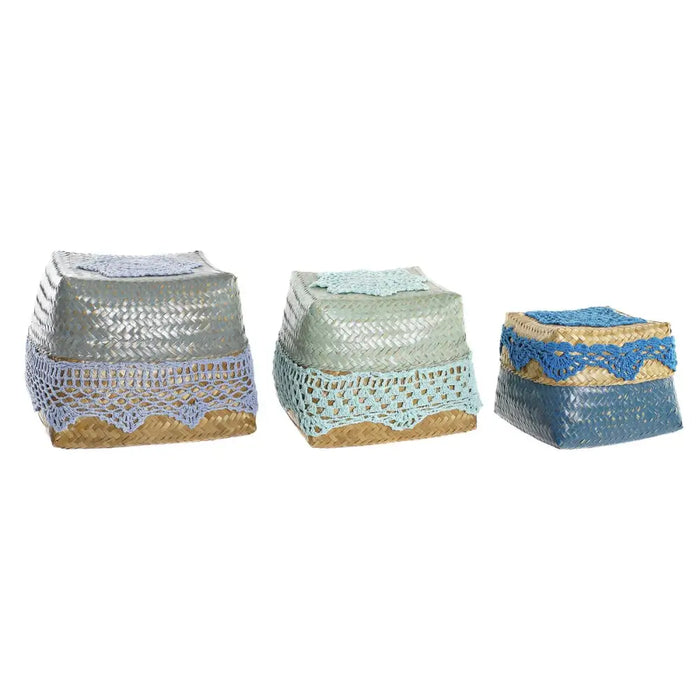 Set of decorative boxes DKD Home Decor Blue Turquoise Natural Light grey Bamboo Boho - Декорация и Осветление<<<Дом