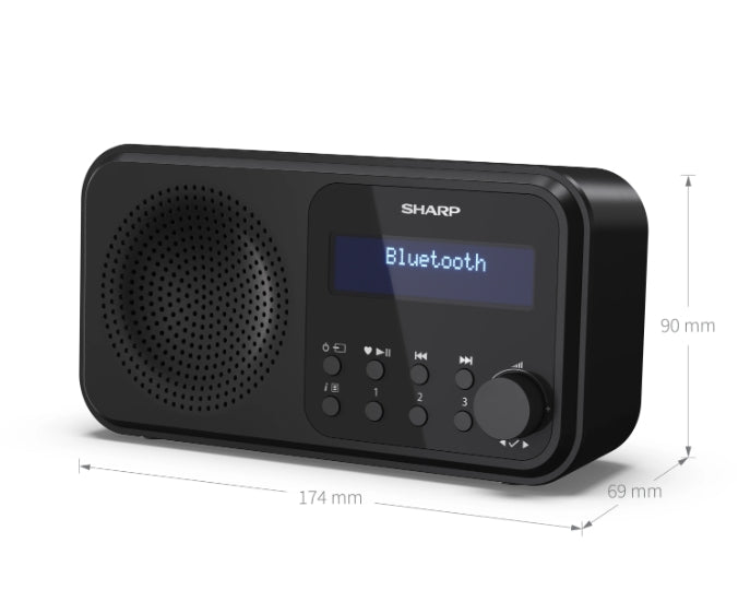 Sharp Radios DR-P420(BK), PORTABLE DIGITAL RADIO, Bluetooth 5.0, 20 DAB+/DAB/FM, Auto time/date, LCD Display, Dual alarm,Micro USB x1 (power supply),3.5mm Headphone jack / line-out, Black