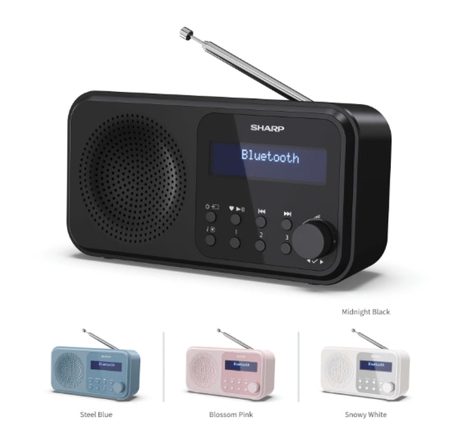 Sharp Radios DR-P420(BK), PORTABLE DIGITAL RADIO, Bluetooth 5.0, 20 DAB+/DAB/FM, Auto time/date, LCD Display, Dual alarm,Micro USB x1 (power supply),3.5mm Headphone jack / line-out, Black