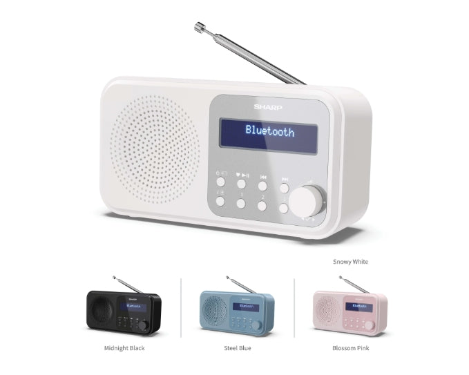 Sharp Radios DR-P420(WH), PORTABLE DIGITAL RADIO, Bluetooth 5.0, 20 DAB+/DAB/FM, Auto time/date, LCD Display, Dual alarm,Micro USB x1 (power supply),3.5mm Headphone jack / line-out, SNOWY WHITE
