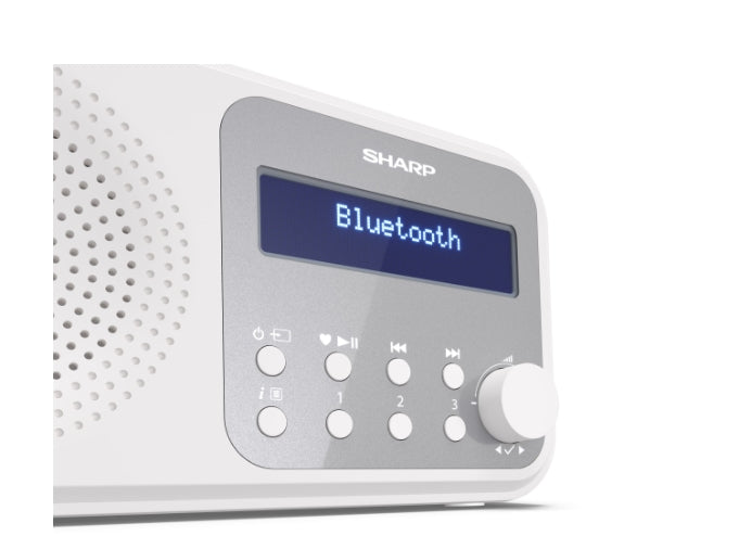 Sharp Radios DR-P420(WH), PORTABLE DIGITAL RADIO, Bluetooth 5.0, 20 DAB+/DAB/FM, Auto time/date, LCD Display, Dual alarm,Micro USB x1 (power supply),3.5mm Headphone jack / line-out, SNOWY WHITE